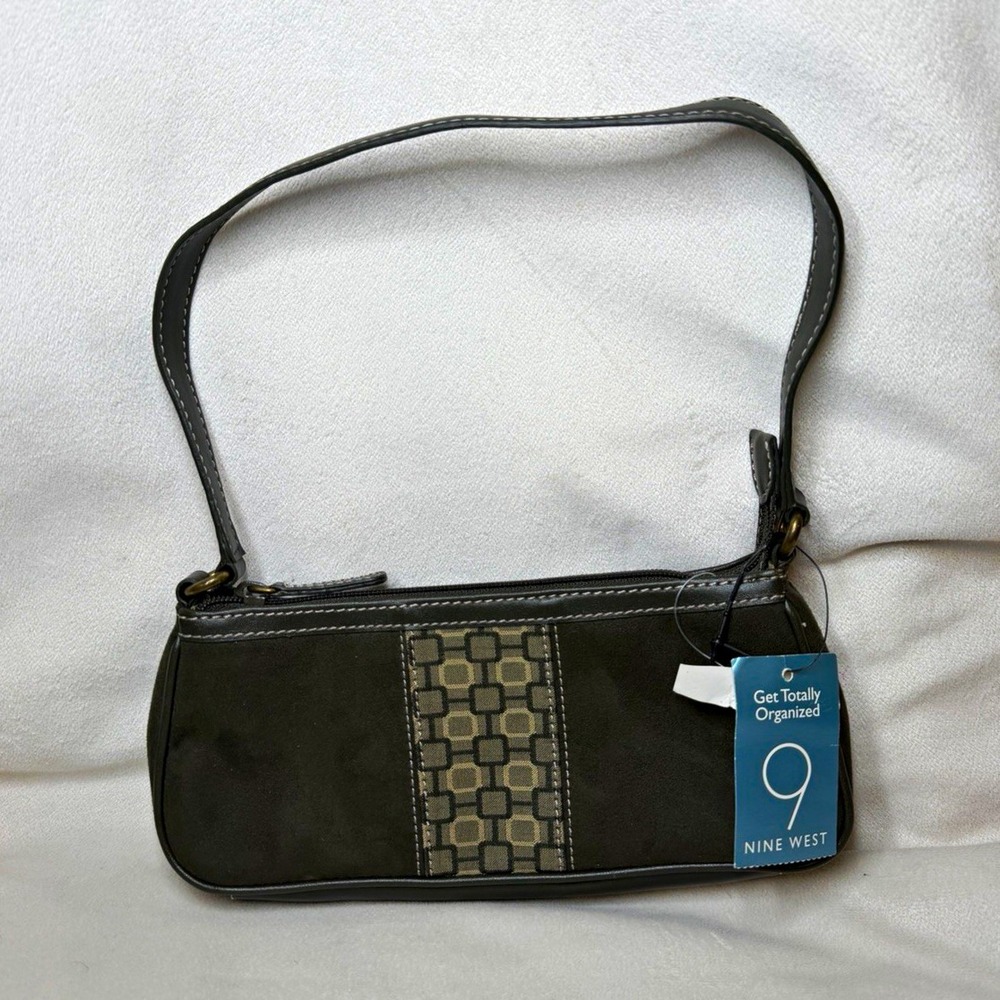 VTG Y2K Nine West Small Geometric Zip Top Shoulder Bag Green Inner Pockets